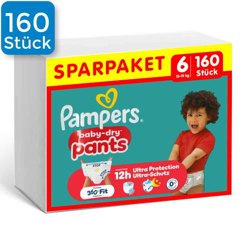 Vorderseite einer Packung Pampers Baby Dry Pants Größe 6. Oben links ist ein blaues Viereck mit der Aufschrift "160x"